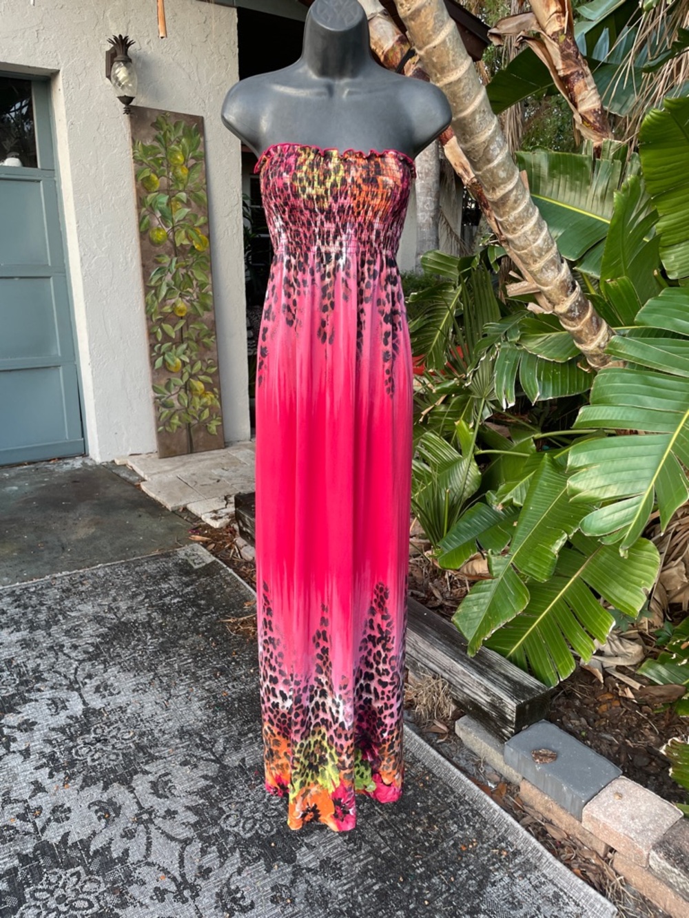bright pink strapless, leopard print, and floral maxi dress